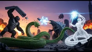 King Kong and Godzila Fight the White Snake in the City: The Ultimate Monster Clash!