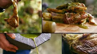 Aromatic Lamb chops with saffron sauce.Outdoor cooking.