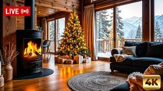 Cozy Winter Snowy Cabin: Soft Fireplace Crackles & Frozen Forest View and Mountains❄️