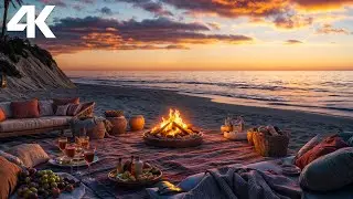 4K Golden Hour Relaxing Beach Picnic 🔥 | Cozy Firepit, Ocean Waves & Seagull Sounds