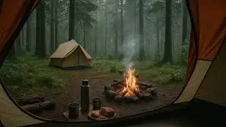 Cozy Rainy Camping Ambience | Fire Crackling in the Forest