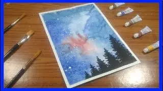Simple Watercolor Galaxy Forest Painting step by step