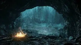 Heavy Rainfall Echoing in a Dark Cave with Crackling Fire | Relaxing Sleep & Study Ambience