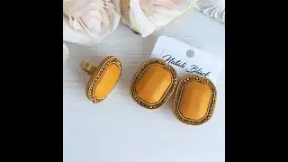 Rectangle Mustard Leather Soutache Earrings and Ring, Soutache Set Jewelry