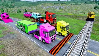 Double Flatbed Trailer Truck vs Speedbumps | Train vs Car | Tractor vs Train | BeamNG.Drive #1147