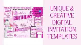 Pink Birthday Party Invitation bundle, Girls Birthday Party Invitation Printables,Birthday Party kit