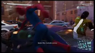 Spiderman thug stuck in car door