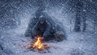 Bushcraft in the winter forest. Building a shelter where you can hide from the wind and snow