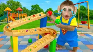 Baby Monkey Fufu cries while playing with colorful balls at the playground! | Monkey Fufu