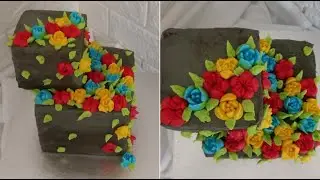 Concrete Buttercream Square Cake design with Russian flower piping tip | 2 tier cake #springcake2021