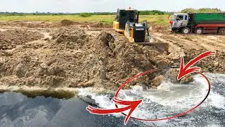 Wow!!Big Project!! Equipments Filling A Big Lake, Shantui Bulldozer Working Skill Try Not To Drown