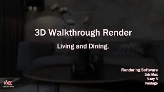 3d walkthrough render of Living and Dining.