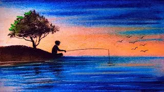 How to draw a Beautiful fishing scene #youtube #art #landscape