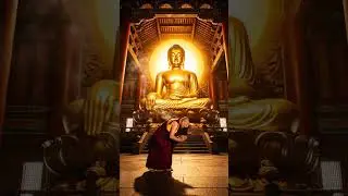 Cinematic silence, monk in prayer before divine statue