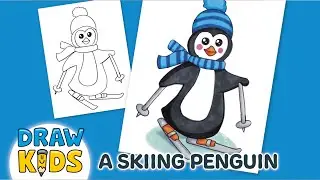 How to Draw a Cute Skiing Penguin for Kids | Easy Step-by-Step Tutorial