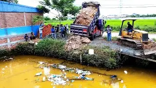 Finish the work by cleaning and preparing the site by pouring soil into the site  BY Trucks and Bull