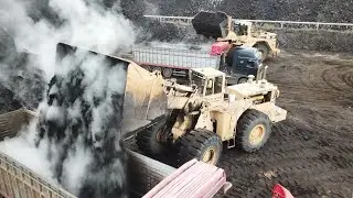 Caterpillar 992B And 990 Wheel Loaders Loading Coal On Trucks - S.G.M Melidis