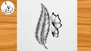 How to draw a Feather with Butterflies||Simple Pencil Sketch||Easy Drawing ideas for Beginners 
