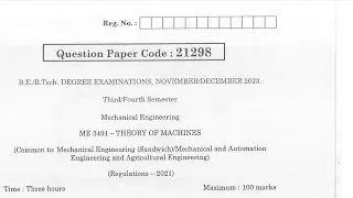 ME3491 | Theory of Machines | Nov Dec 2023 | Anna University | Questions