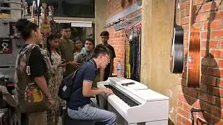 Store Walk-In - Young music enthusiasts testing their chops at piano and vocals.