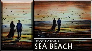 Sea beach and romantic couple painting
