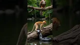 Eagle Watches Baby Monkey Trapped Beside Snake in Clear Water! #animalvideos  #birds