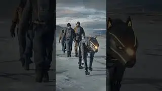 A robot wolf guides a team of explorers through a frozen wasteland.