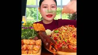 Eating spicy papaya salad with fermented fish sauce, crispy pork, chewy rice noodles, fern shoots,