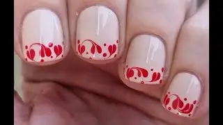 Red Hearts French Nail Art Over Beige Nails | Valentine's Day Nail Idea