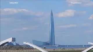 Highway, Gazprom tower and Cruise ships Port in Saint-Petersburg