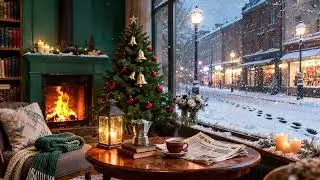Cozy Christmas Coffee Shop Ambience 🎄 Christmas Jazz Music with Winter Fireplace for Relax, & Study
