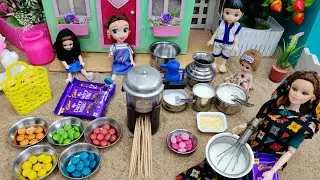 Miniature Dairymilk Cake/ chocolate cake recipe making in Barbie girl/Mini doll show