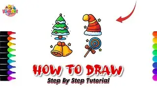 Easy Christmas Drawing Tutorial | Christmas Tree, Santa Hat, Bells & Candy Illustration Step by Step