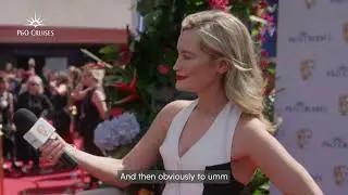 Laura Whitmore chats with Emily Atack and Alex Hassell from Rivals at the 2025 BAFTA TV Awards