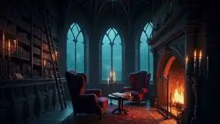 Gothic Library Ambience 🌙 Cozy Fireplace, Rain & Thunder Outside | Dark Academia | No Ads