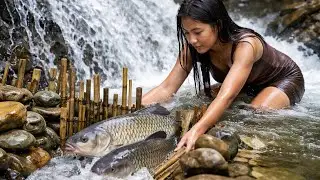 She Built a Genius Fish Trap in a Waterfall &mdash; Catching Massive Fish Naturally#usa #survival