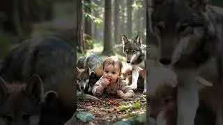 The wonderful encounter between the cute baby and the wolf cub 🐺👶#shorts #ai #animals #cute