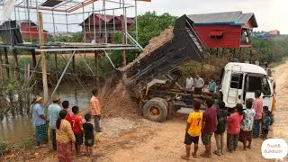 Very Interesting PROJECT! 5 Ton dump truck unloading soil and skill bulldozer pushing soil 