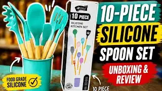 10-Piece Silicone Kitchen Set Unboxing & Review | Wooden Handle Utensils 🍳 