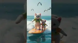 A fluffy white cat surfing gently on a bright surfboard #shortvideo #trending #viral
