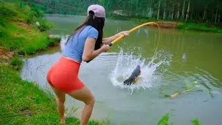 Awesome Fishing video | Lady Hook Fishing In Mud Water | woman catching fish in mud water fishing