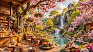 Peaceful Spring Morning Coffee Shop Porch Ambience with Gentle Smooth Jazz Music
