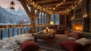 Cozy Jazz on a Snowy Cabin Porch in January | Relaxing Winter Jazz Ambience with Fireplace for Calm