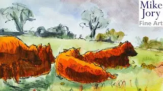 En plein air watercolor cow and landscape painting - Rust red poll cattle in Devon