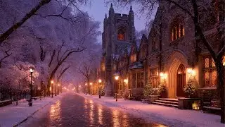Night Walk on Gothic Street Quiet Winter Night | Dark Academia Ambience with Snowfall & Warm Lights