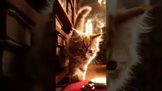 8-Second Cinematic Loop: Kitten Explorer in a Magical Fantasy Library... #Shorts