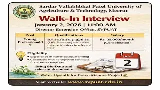 Jobs ll SVPUA&T, Meerut ll Young Professional-l (YP-l) ll UPCAR ll Lucknow #jobs #agrijobs #trending