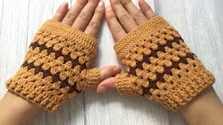 Crochet light brown fingerless gloves, easy for begginers