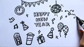 Happy New Year Doodle Drawing / Happy New Year Font 3d design / Doodle of New Year 3d font / Doodles