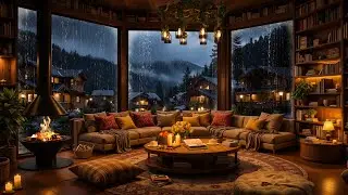 🎶 Cozy Rain Cabin Jazz 🌧️🔥 Warm Fireplace Living Room & Quiet Mountain Night Ambience